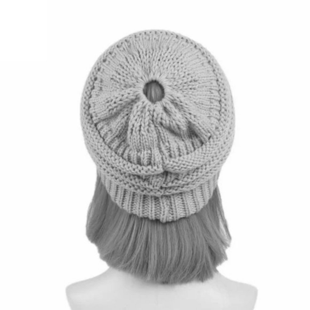 Brown Knit Warm Solid Beige Ponytail Beanie Hat - Picture 8 of 8